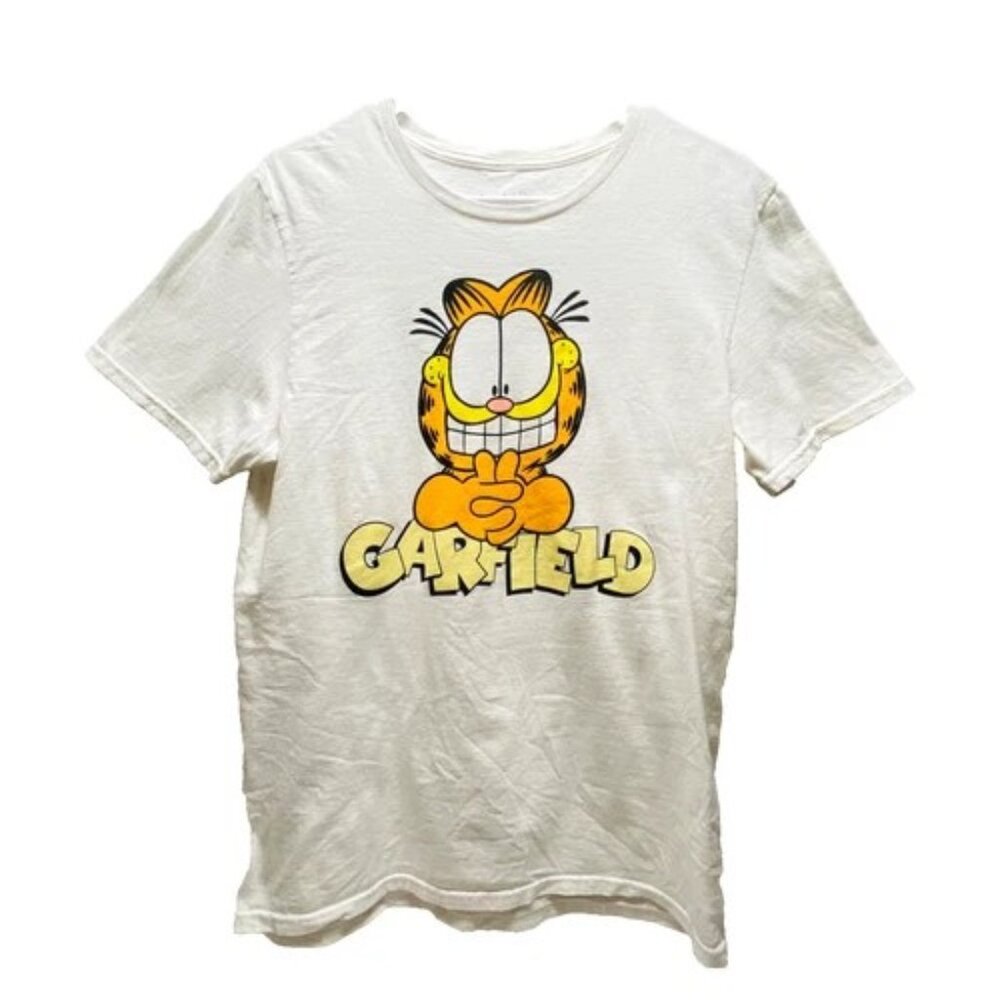 Garfield T-Shirt Adult Medium White Short Sleeve Garfield's‎ Smile Logo Tee READ